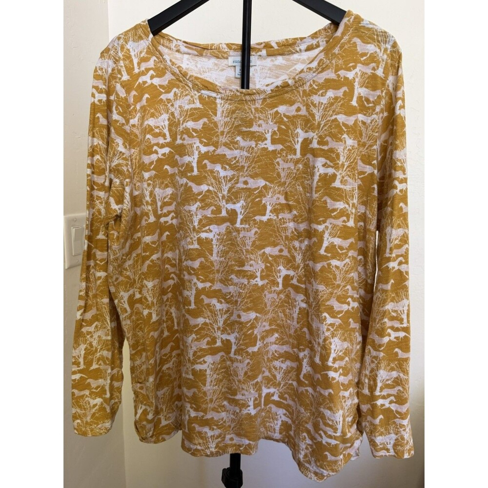 Sundance Catalog Women's Horse Knit Top Tee Ruching Yellow Artsy Western XXL 2X